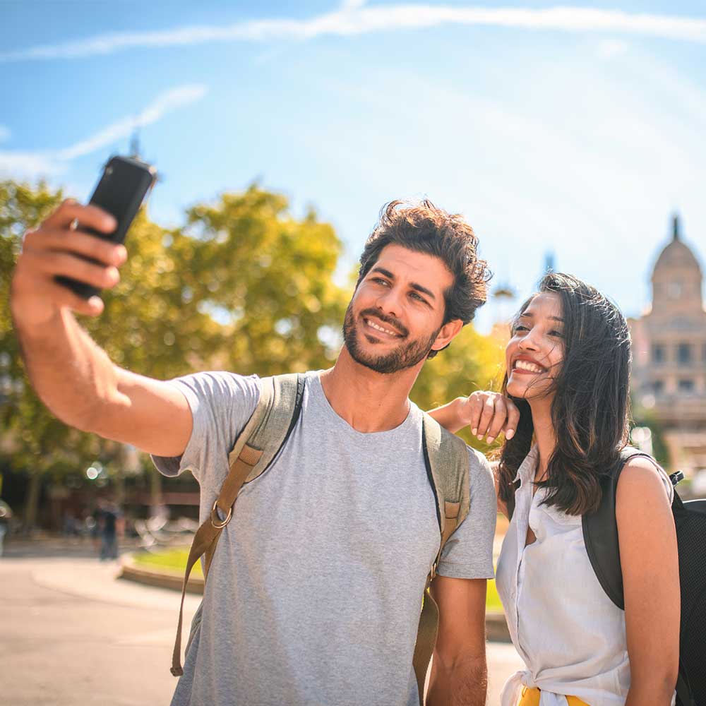 travelers taking a selfie